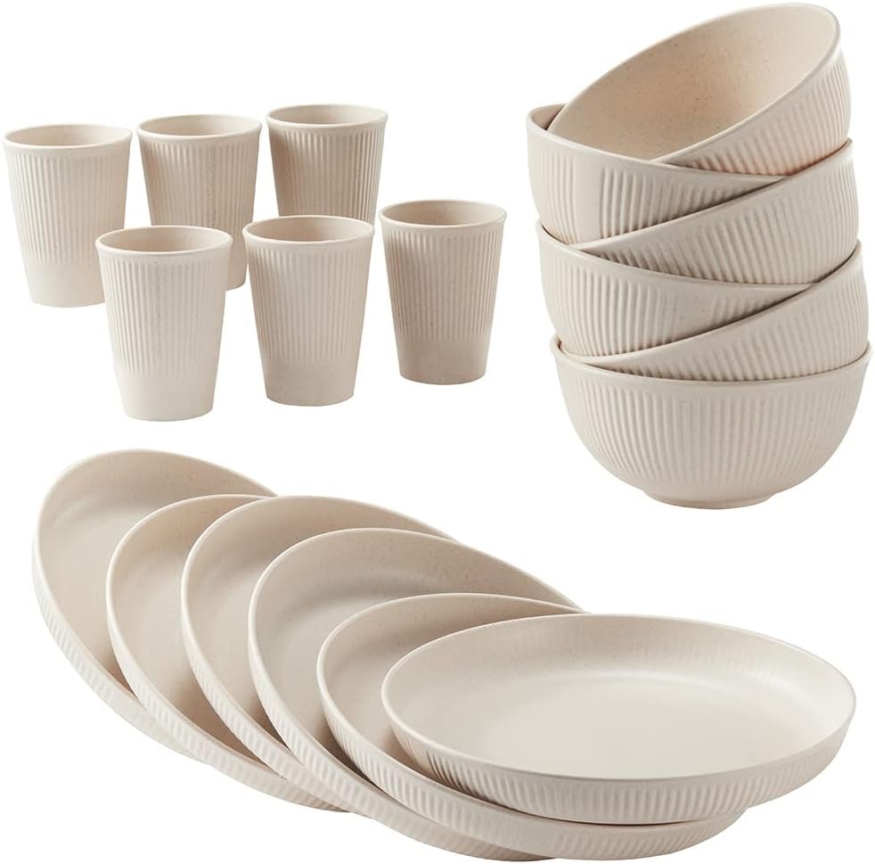 HXYPN 18-Piece Wheat Straw Dinnerware Set — Plates, Bowls, Cups product photo