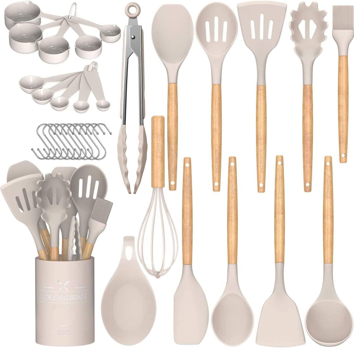 Umite Chef Kitchen Cooking Utensils Set 33-Piece Silicone with Wooden Handle (Khaki) product photo
