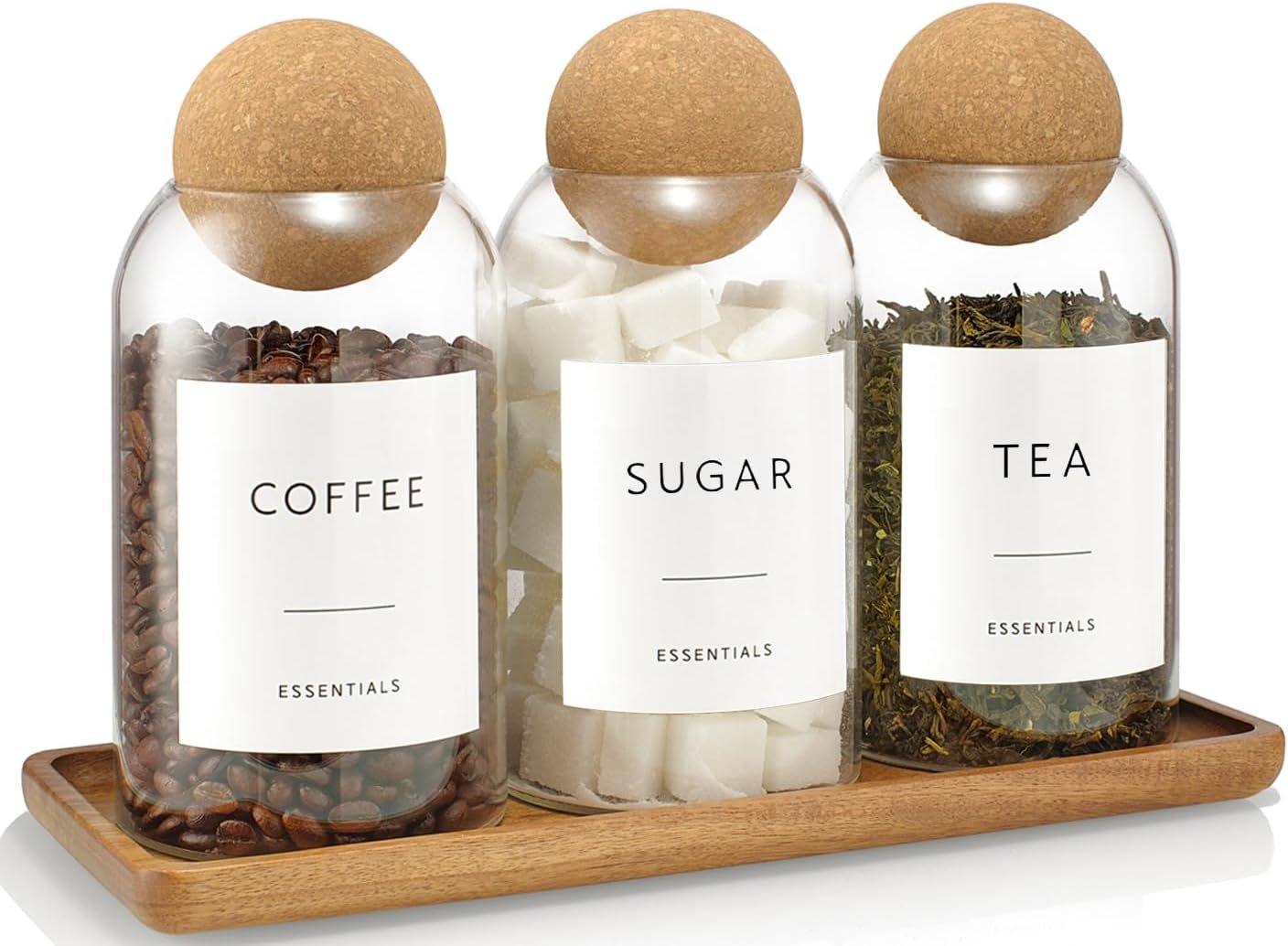 Coffee Sugar Tea Container Set, 3 Glass Jars with Cork Lids and Tray (27oz) product photo