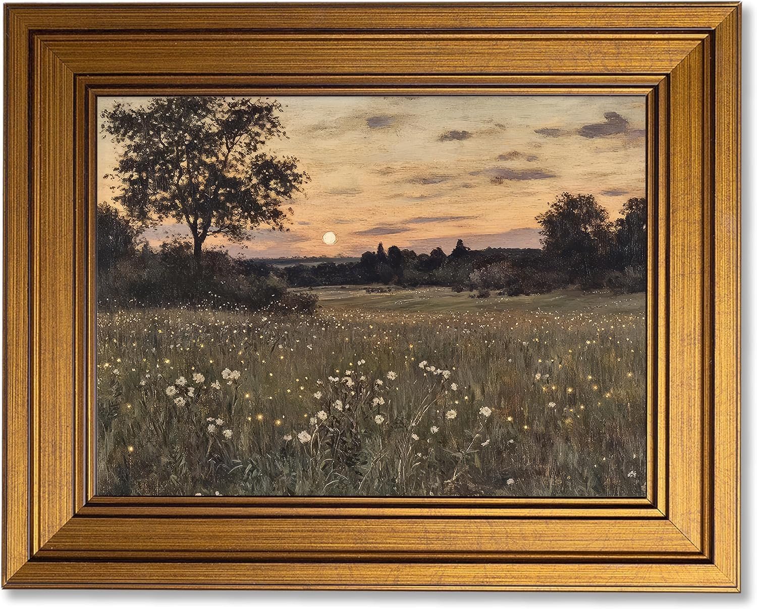 Vintage Gold Framed Meadow Sunset Canvas Wall Art, Twilight Firefly Nature Painting product photo