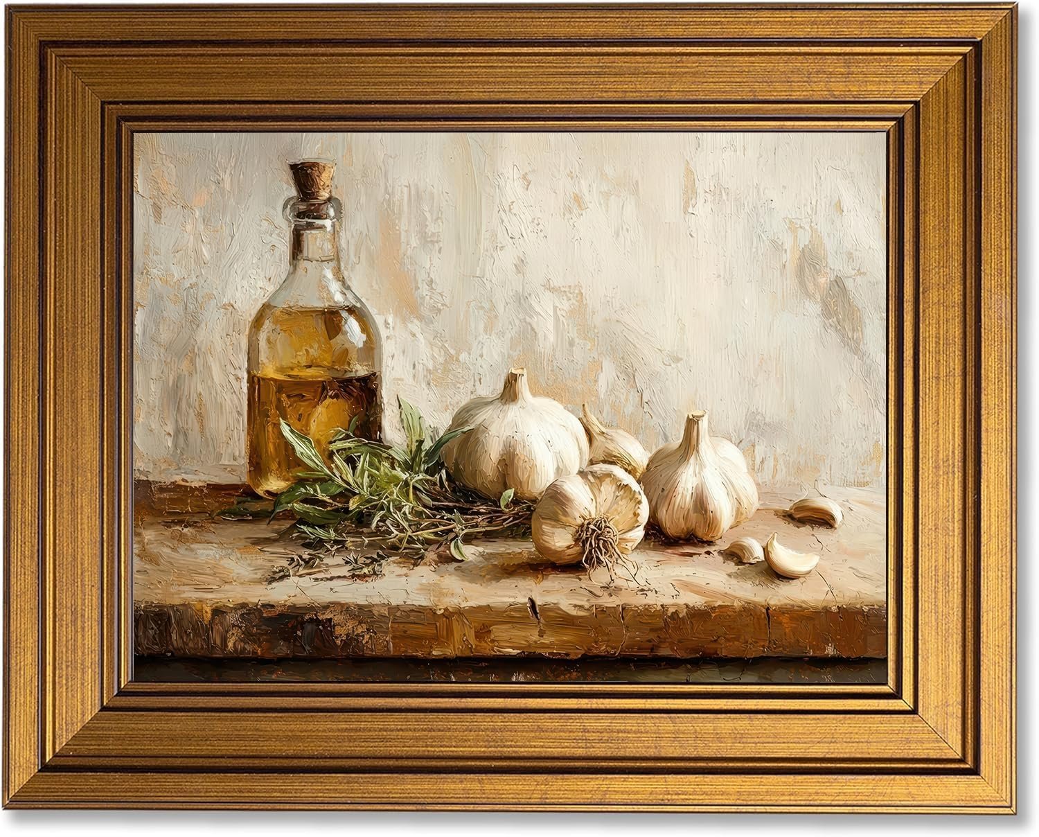 Vintage Gold Framed Rustic Kitchen Canvas Wall Art, Herbs & Olive Oil Still Life product photo