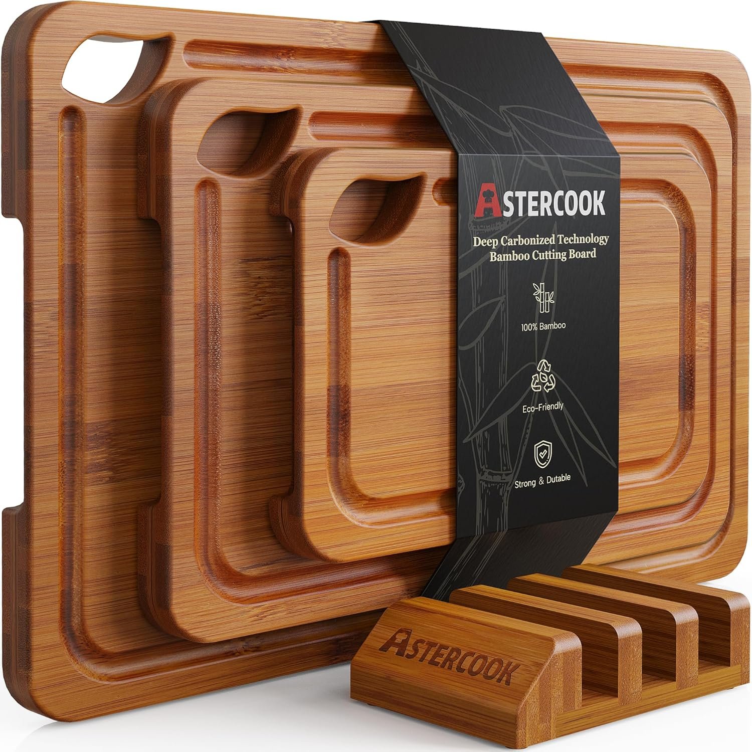 Astercook Deep-Carbonized Bamboo Cutting Boards with Storage Stand product photo